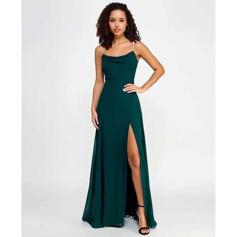 City Studios Juniors Drape Neck Faux Peal Strap Gown Junior Size 3/4 Deep Forest